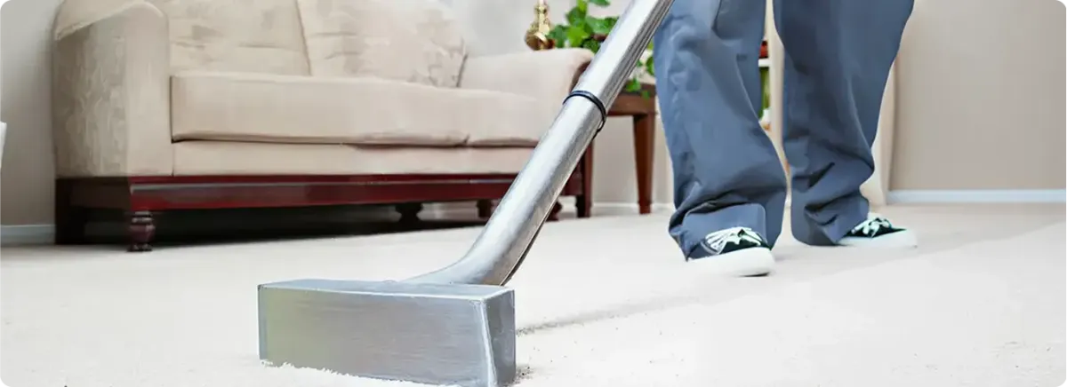 Carpet cleaning technician using a hot-water extraction wand on a light-colored carpet in a living room, Duluth, MN.